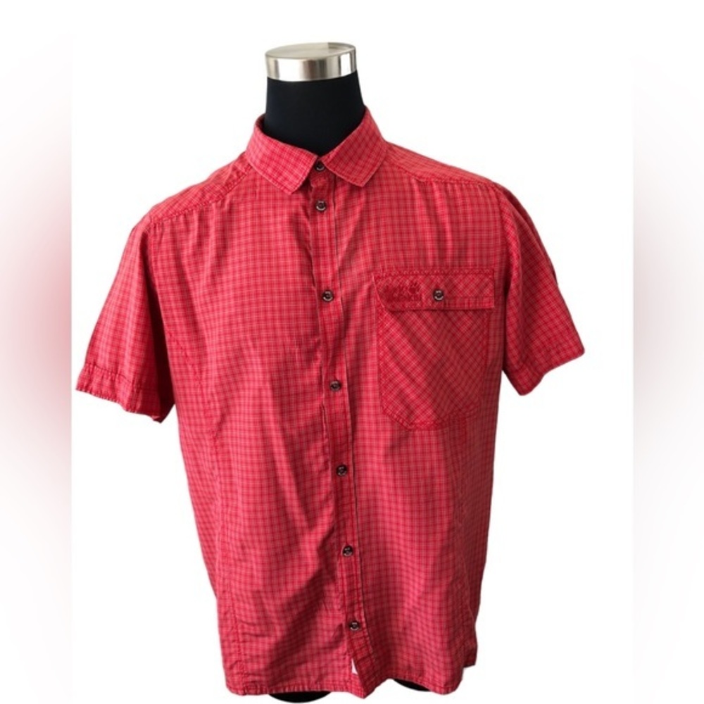 JACK WOLFSKIN Mens XL Outdoor Hiking Camping Shirt Short Sleeve Vented Red Check